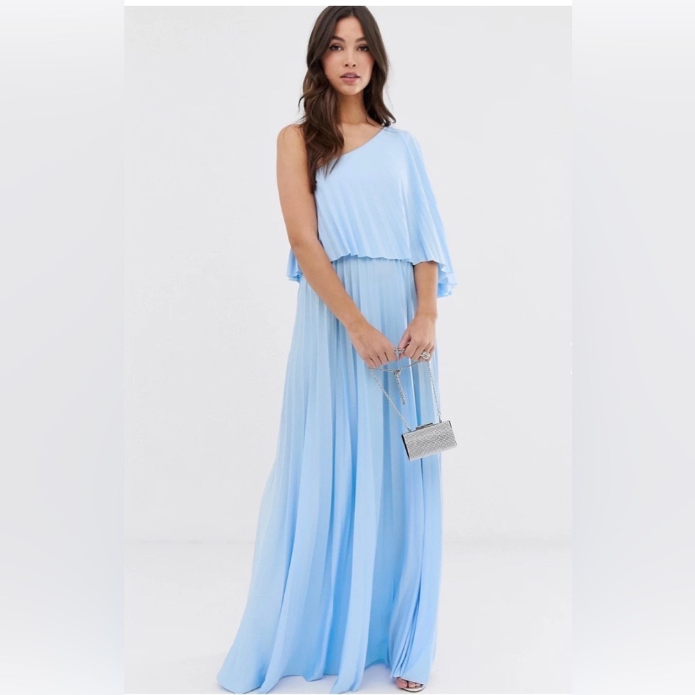 ASOS DESIGN one shoulder pleated maxi dress. Light blue.